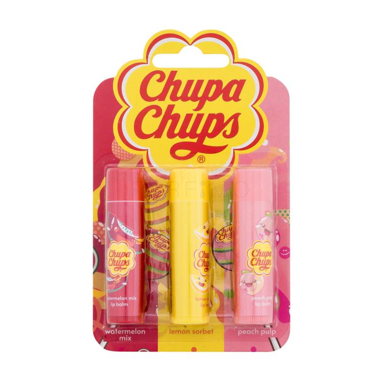 Chupa Chups Lip Balm Trio Darilni set balzam za ustnice 4 g Watermelon + balzam za ustnice 4 g Peach Pulp + balzam za ustnice 4 g Lemon Sorbet