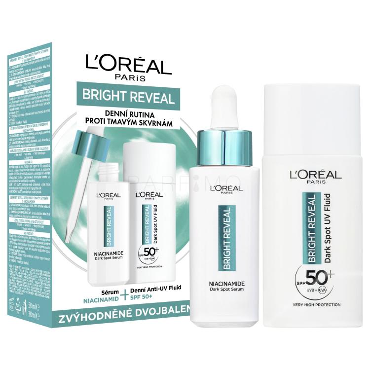 L&#039;Oréal Paris Bright Reveal Dark Spot UV Fluid SPF50+ Darilni set dnevni fluid za obraz Bright Reveal Dark Spot UV Fluid SPF50 50 ml + serum za obraz Bright Reveal Niacinamide Dark Spot Serum 30 ml