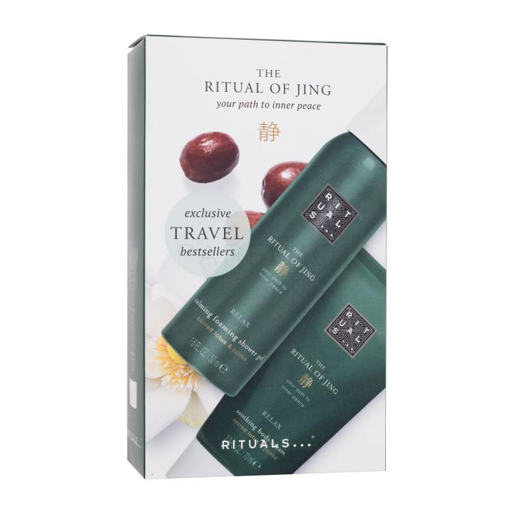 Rituals The Ritual Of Jing Reusable Luxury Travel Pouch Darilni set krema za telo The Ritual Of Jing Relax Soothing Body Cream 70 ml + pena za prhanje The Ritual Of Jing Relax Calming Foaming Shower Gel 50 ml poškodovana škatla