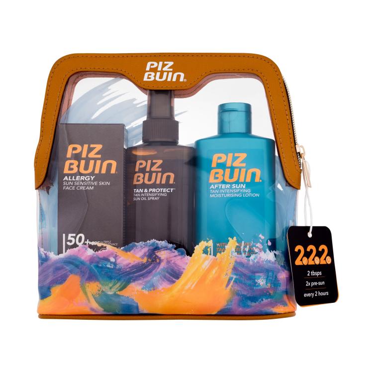 PIZ BUIN Travel Bag Darilni set krema za zaščito pred soncem za obraz Allergy Sun Sensitive Skin Face Cream SPF50 50 ml + sprej za zaščito pred soncem za telo Tan &amp; Protect Tan Intensifying Sun Oil Spray SPF30 150 ml + losjon za nego po sončenju za telo After Sun Tan Intensifying Moisturising Lotion