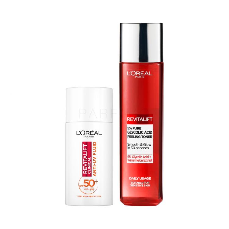 Set Dnevna krema za obraz L&#039;Oréal Paris Revitalift Clinical Anti-UV Fluid SPF50+ + Losjon in sprej za obraz L&#039;Oréal Paris Revitalift 5% Pure Glycolic Acid Peeling Toner