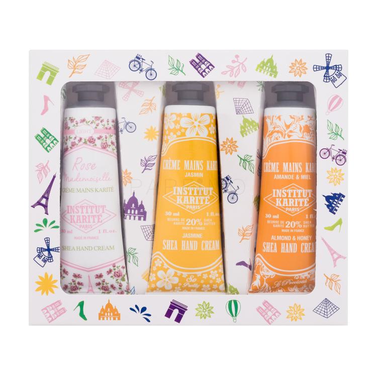 Institut Karité Shea Hand Cream Darilni set krema za roke Light Shea Hand Cream Rose Mademoiselle 30 ml + krema za roke Shea Hand Cream Jasmine 30 ml + krema za roke Shea Hand Cream Almond &amp; Honey 30 ml