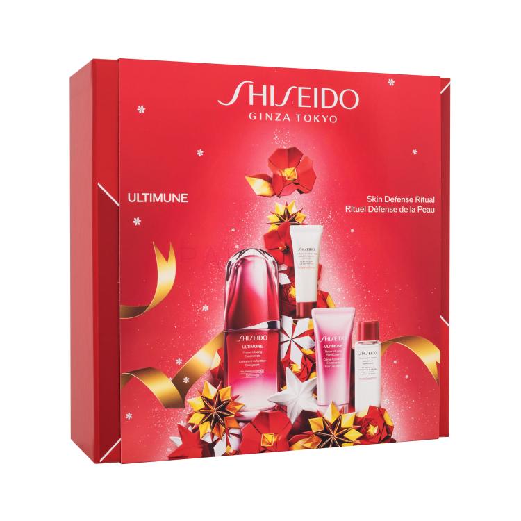 Shiseido Ultimune Skin Defense Ritual Darilni set serum za obraz Ultimune 50 ml + čistilna pena za obraz Clarifying Cleansing Foam 15 ml + tonik za obraz Treatment Softener 30 ml + krema za roke Ultimune 40 ml poškodovana škatla