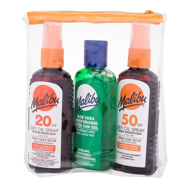 Malibu Travel Pack Darilni set suho olje za zaščito pred soncem Dry Oil Spray SPF50 100 ml + suho olje za zaščito pred soncem Dry Oil Spray SPF20 + gel za nego po sončenju Aloe Vera Moisturising After Sun Gel 100 ml