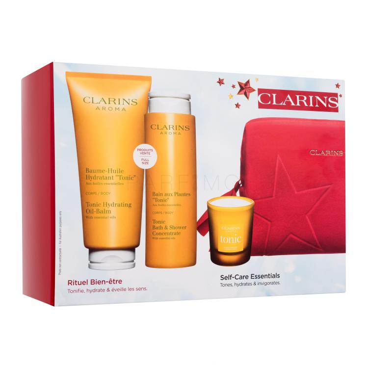 Clarins Aroma Self-Care Essentials Darilni set balzam za telo Tonic Hydrating Oil-Balm 200 ml + gel za prhanje Tonic Bath &amp; Shower Concentrate 200 ml + dišeča svečka 35 g + kozmetična torbica