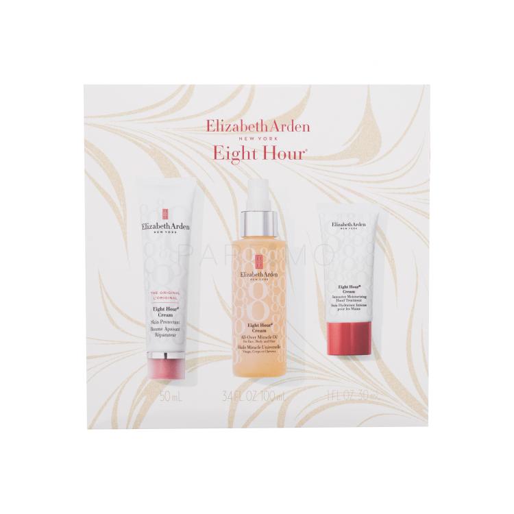 Elizabeth Arden Eight Hour Cream Holiday Miracle Darilni set olje za obraz, telo in lase Eight Hour Cream All-Over Miracle Oil 100 ml + balzam za obraz in telo Eight Hour Cream Skin Protectant 50 ml + krema za roke Eight Hour Cream Intensive Moisturizing Hand Treatment 30 ml