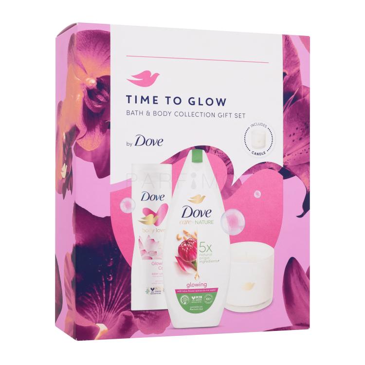 Dove Time To Glow Bath &amp; Body Collection Darilni set gel za prhanje Care By Nature Glowing 225 ml + losjon za telo Body Love Glowing Care 250 ml + dišeča svečka 1 kos