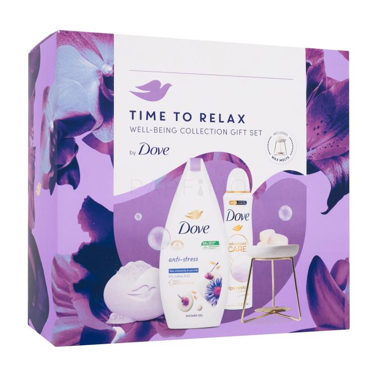 Dove Time To Relax Well-Being Collection Darilni set gel za prhanje Anti-stress 250 ml + trdo milo Relaxing Bar Soap 90 g + antiperspirant Advanced Care Helps Restore 150 ml + aroma lučka