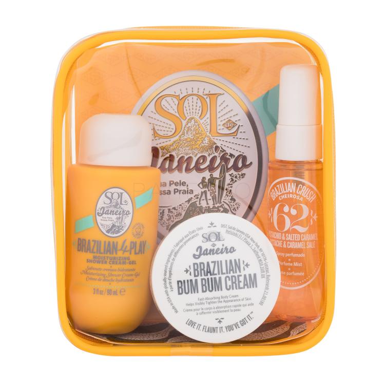 Sol De Janeiro Brazilian Bum Bum Summer Jet Set Darilni set sprej za telo Brazilian Crush 30 ml + krema za prhanje Brazilian 4Play Moisturizing Shower Cream-Gel 90 ml + krema za telo Brazilian Bum Bum Cream 50 ml + kozmetična torbica