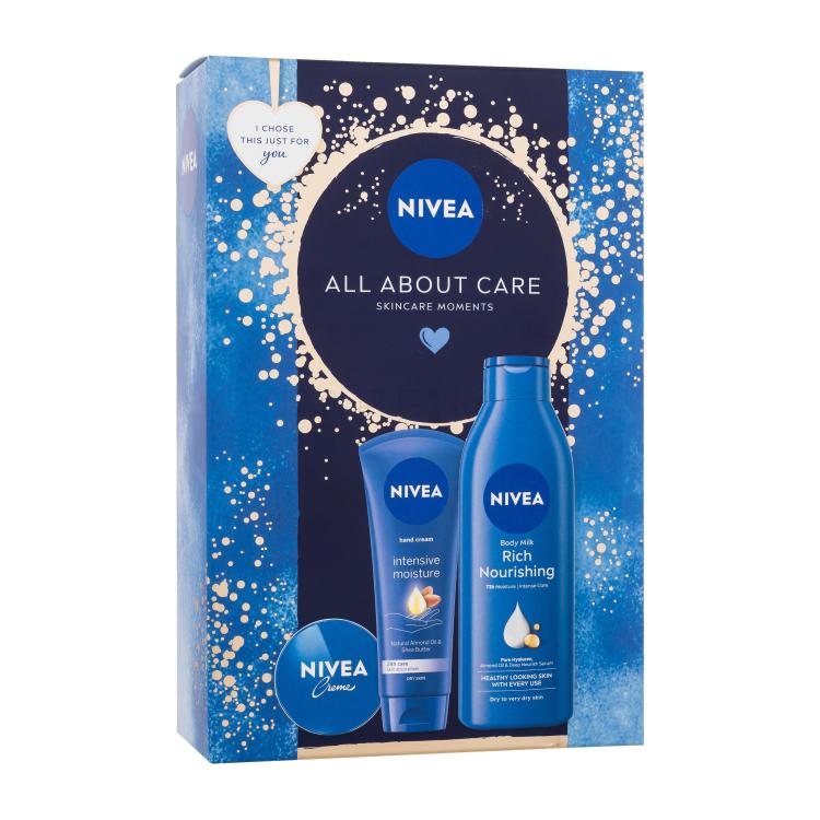 Nivea All About Care Darilni set univerzalna krema Creme 30 ml + krema za roke Intensive Moisture 100 ml + losjon za telo Rich Nourishing 250 ml