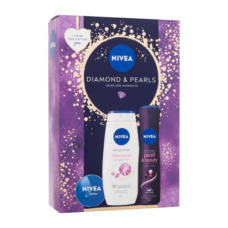 Nivea Diamond &amp; Pearls Darilni set univerzalna krema Creme 30 ml + antiperspirant Pearl &amp; Beauty Black 150 ml + krema za prhanje Diamond &amp; Argan Oil 250 ml