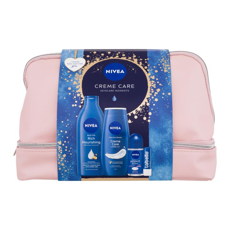 Nivea Creme Care Skincare Moments Darilni set losjon za telo Rich Nourishing 400 ml + gel za prhanje Creme Care 250 ml + antiperspirant Protect &amp; Care 50 ml + balzam za ustnice Labello Original 4,8 g + kozmetična torbica