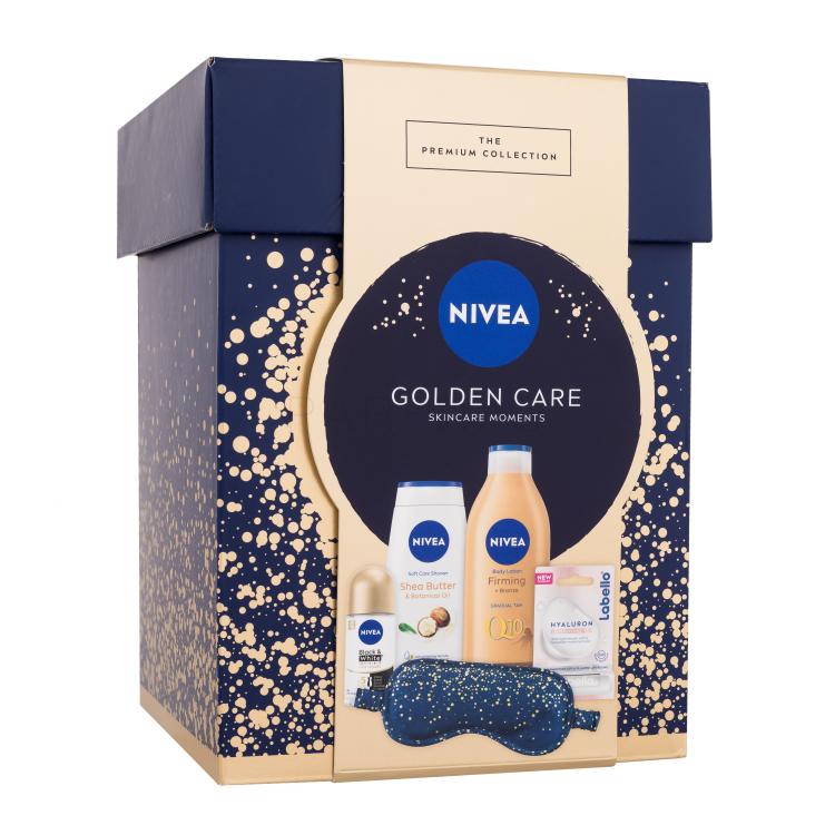 Nivea Golden Care Skincare Moments Darilni set losjon za telo Q10 Firming Bronze 400 ml + gel za prhanje Shea Butter &amp; Botanical Oil 250 ml + antiperspirant Black &amp; White Invisible Silky Smooth 50 ml + balzam za ustnice Labello Hyaluron Rosé 5,2 g + spalna maska iz satena