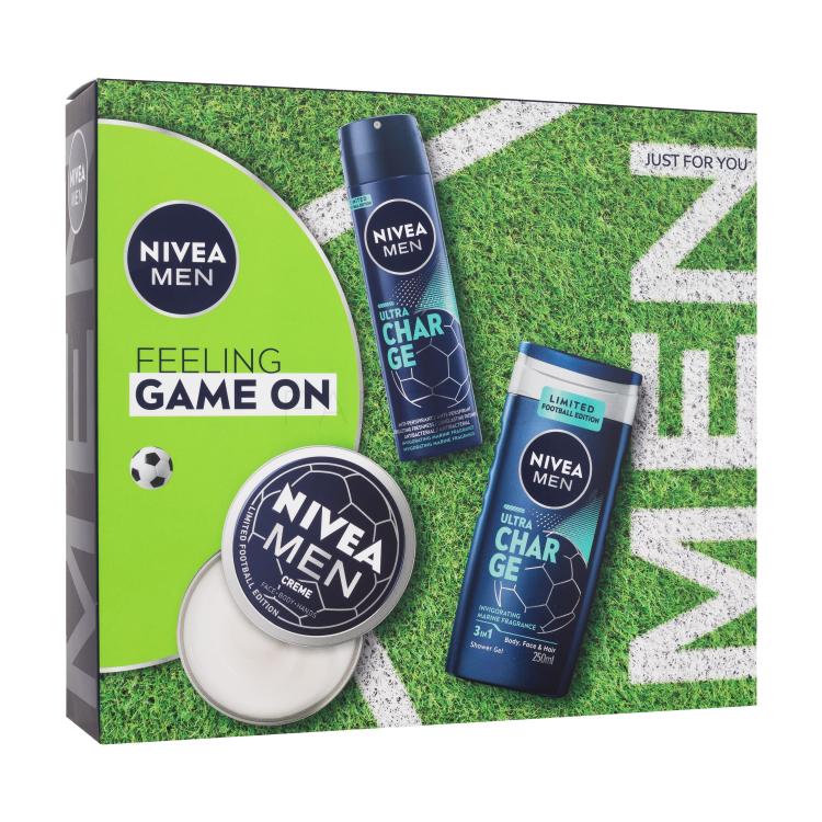 Nivea Men Feeling Game On Darilni set krema za obraz, telo in roke Men Creme 150 ml + antiperspirant Men Ultra Charge 150 ml + gel za prhanje Men Ultra Charge 250 ml