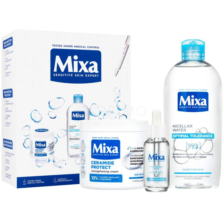 Mixa Hyaluronic Acid + Lactic Acid Anti-Dryness Hydrating Serum Darilni set serum za obraz Hyaluronic Acid Lactic Acid Serum 30 ml + micelarna vodica Optimal Tolerance Micellar Water 400 ml + krema za telo Ceramide Protect Strengthening Cream 400 ml