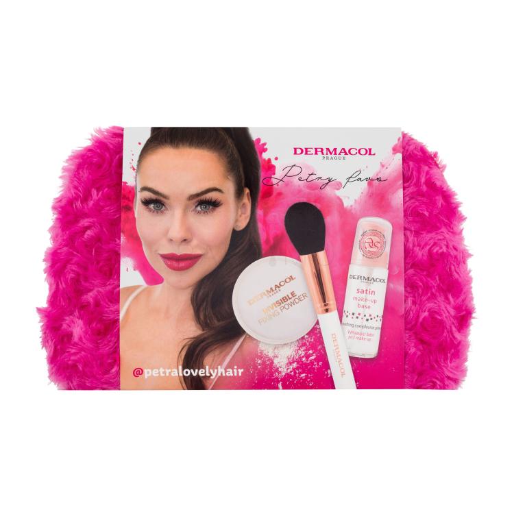 Dermacol Petra Lovely Hair Must Haves Darilni set podlaga za ličila Satin 30 ml + fiksirni transparentni puder Invisible 13 g + kozmetični čopič + kozmetična torbica