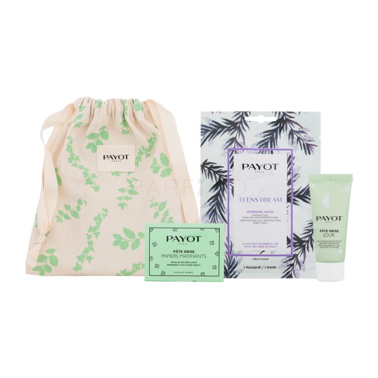 PAYOT Pâte Grise Kit Maskné Darilni set gel za obraz Pate Grise Jour 30 ml + jutranja maska za obraz Teens Dream 1 kos + matirni papirčki Pate Grise 50 kos + vrečka