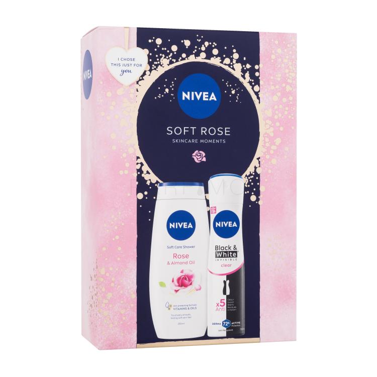 Nivea Soft Rose Darilni set antiperspirant Invisible Black &amp; White Clear 150 ml + gel za prhanje Rose &amp; Almond Oil 250 ml poškodovana škatla