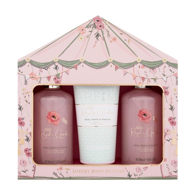 Baylis &amp; Harding Royale Garden Rose, Poppy &amp; Vanilla Luxury Body Retreat Darilni set krema za prhanje 2 x 300 ml + losjon za telo 200 ml