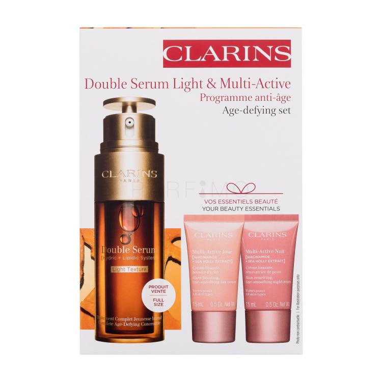 Clarins Double Serum Light &amp; Multi-Active Age-defying Set Darilni set serum za obraz Double Serum Light Texture 50 ml + dnevna krema za obraz Multi-Active Day Cream 15 ml + nočna krema za obraz Multi-Active Night Cream 15 ml + serum za okoli oči Double Serum Eye 0,9 ml