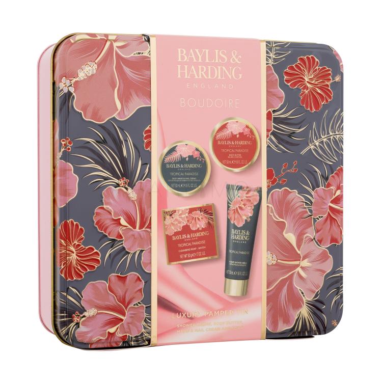 Baylis &amp; Harding Boudoire Tropical Paradise Luxury Pamper Tin Darilni set maslo za telo 50 ml + krema za prhanje 50 ml + milo 50 g + krema za roke in nohte 50 ml + pločevinasta škatla