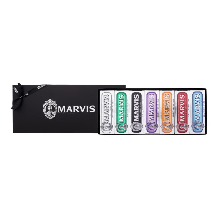 Marvis 7 Toothpastes Box Darilni set Aquatic Mint 25 ml + Cinnamon Mint 25ml + Ginger Mint 25 ml + Classic Strong Mint 25 ml + Jasmin Mint 25 ml + Amarelli Licorice 25 ml + Whitening Mint 25 ml