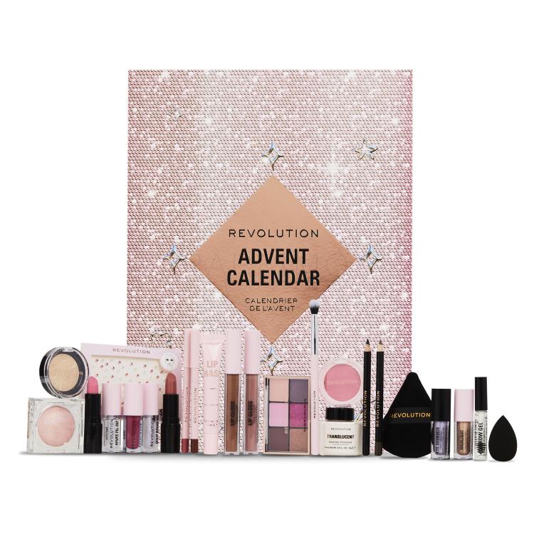 Makeup Revolution London Advent Calendar 2024 Darilni set šminka 4 kos + glos za ustnice 3 kos + svinčnik za ustnice 2 kos + maska za ustnice 1 kos + olje za ustnice 1 kos + čopič za oči 1 kos + mini paletka Reloaded 1 kos + tekoče senčilo 1 kos + rdečilo 2 kos + svinčnik za oči 2 kos + gel za obrvi