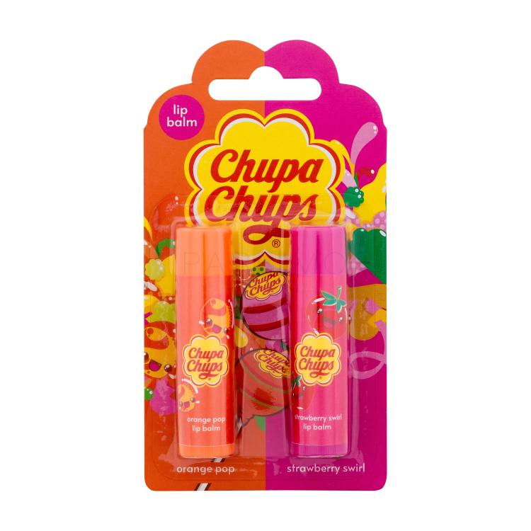 Chupa Chups Lip Balm Duo SET2 Darilni set balzam za ustnice 4 g Orange Pop + balzam za ustnice 4 g Strawberry Swirl