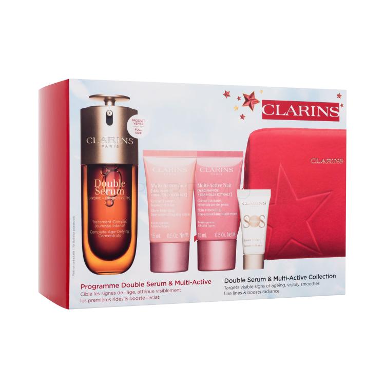 Clarins Double Serum &amp; Multi-Active Collection Darilni set serum za obraz Double Serum 50 ml + dnevna krema za obraz Multi-Active Jour 15 ml + nočna krema za obraz Multi-Active Nuit 15 ml + podlaga za ličila SOS Primer 5 ml + rdeča kozmetična torbica