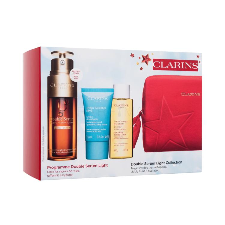 Clarins Double Serum Light Collection Darilni set serum za obraz Double Serum Light Texture 50 ml + krema za obraz Hydra-Essentiel Silky Cream 15 ml + tonik za obraz Hydrating Toning Lotion 50 ml + rdeča kozmetična torbica