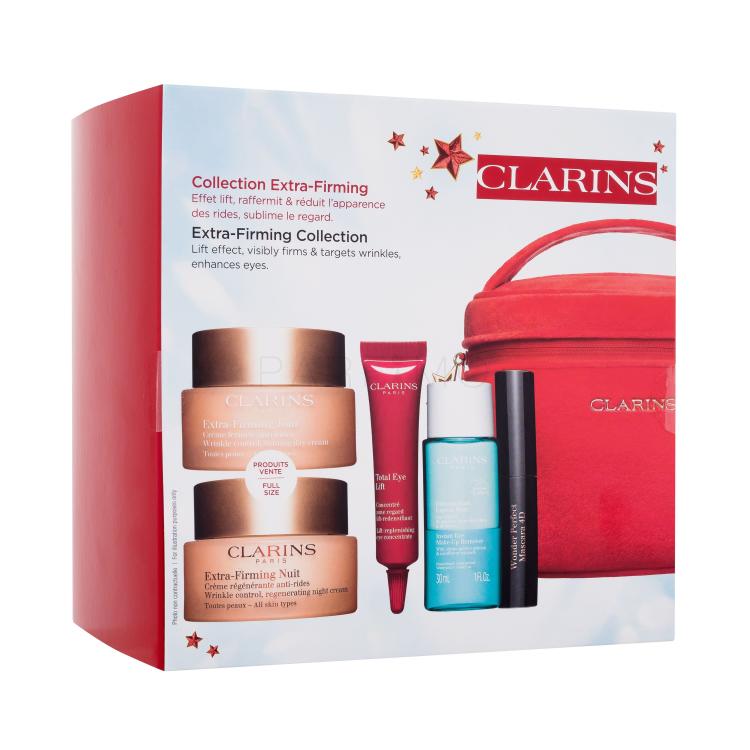 Clarins Extra-Firming Collection Darilni set dnevna krema za obraz Extra-Firming Jour 50 ml + nočna krema za obraz Extra-Firming Nuit 50 ml + krema za okoli oči Total Eye Lift 7 ml + odstranjevalec ličil za oči Instant Eye Make-Up Remover 30 ml + maskara Wonder Perfect Mascara 4D 3 ml 01 Perfect Bla