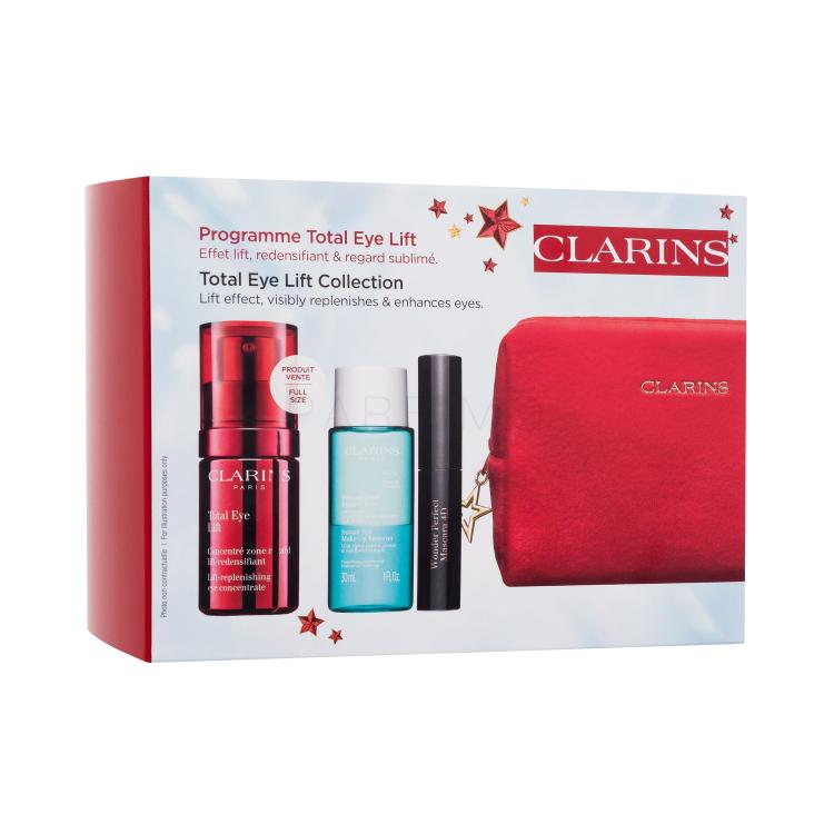 Clarins Total Eye Lift Collection Darilni set krema za okoli oči Total Eye Lift 15 ml + odstranjevalec ličil za oči Instant Eye Make-Up Remover 30 ml + maskara Wonder Perfect Mascara 4D 3 ml 01 Perfect Black + rdeča kozmetična torbica