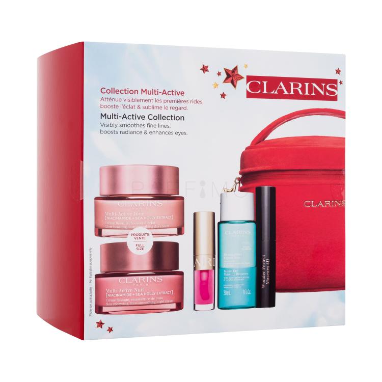 Clarins Multi-Active Collection Darilni set dnevna krema za obraz Multi-Active Jour 50 ml + nočna krema za obraz Multi-Active Nuit 50 ml + olje za ustnice Lip Comfort Oil 1,4 ml 04 Pitaya + odstranjevalec ličil za oči Instant Eye Make-Up Remover 30 ml + maskara Wonder Perfect Mascara 4D 3 ml 01 Perf