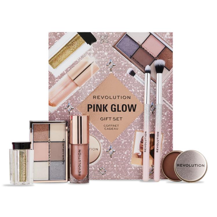 Makeup Revolution London Pink Glow Gift Set Darilni set paletka senčil za oči Mini Reloaded Palette 4,2 g + glos za ustnice Shimmer Bomb 4,5 ml Glimmer Nude + bleščice Viva Loose Body Glitter 3 g Partaay Gold + večnamenski balzam za lica, oči in ustnice Balm Glow 8,2 g Natural Nude + kozmetični čopi