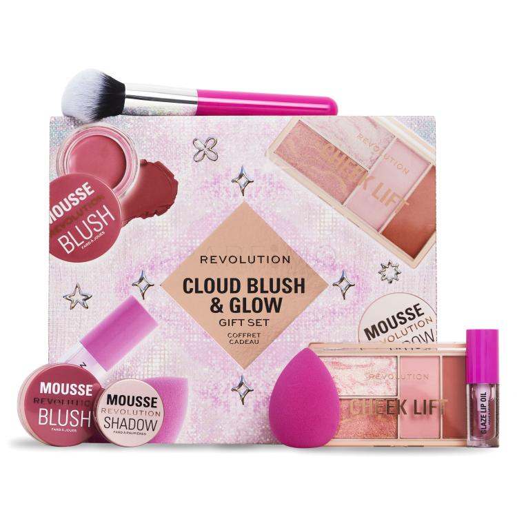 Makeup Revolution London Cloud Blush &amp; Glow Gift Set Darilni set senčilo za oči Mousse Shadow 4 g Rose Gold + rdečilo Mousse Blush 6 g Blossom Rose Pink + olje za ustnice Glaze Lip Oil 1,4 ml Pink + paletka za konturiranje Cheek Lift Palette 12 g + kozmetični aplikator za ličenje + kozmetični čopič