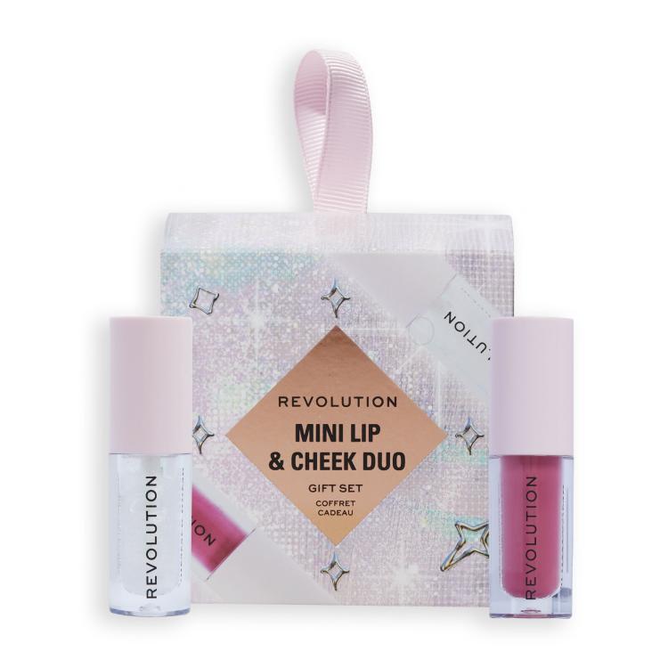 Makeup Revolution London Mini Lip &amp; Cheek Duo Darilni set glos za ustnice Shimmer Bomb 1,4 ml White Shimmer + tekoče rdečilo Blush Bomb 1,4 ml Cute Pink