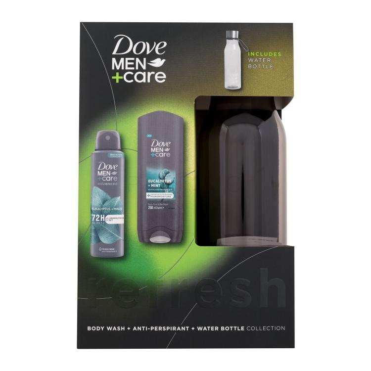 Dove Men + Care Eucalyptus + Mint Darilni set gel za prhanje Men Care Eukalyptus Mint 250 ml + antiperspirant Men Care Eukalyptus Mint 72H 150 ml + plastenka za vodo