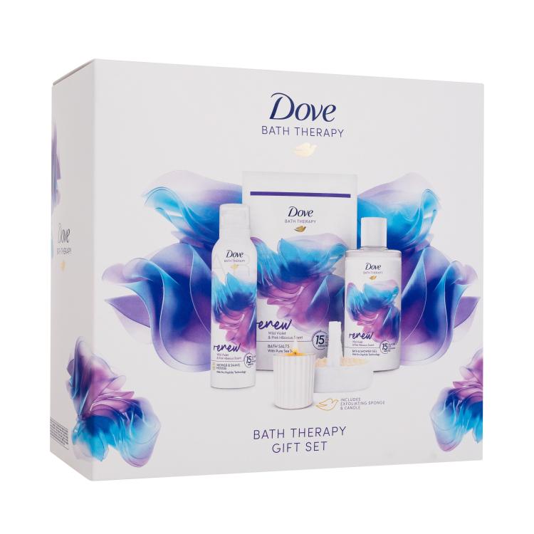 Dove Bath Therapy Gift Set Darilni set gel za prhanje Bath Therapy Renew 400 ml  + peha za prhanje in britje Bath Therapy Renew 200 ml + kopalna sol Bath Therapy Renew 400 g + dišeča svečka + gobica za umivanje in piling