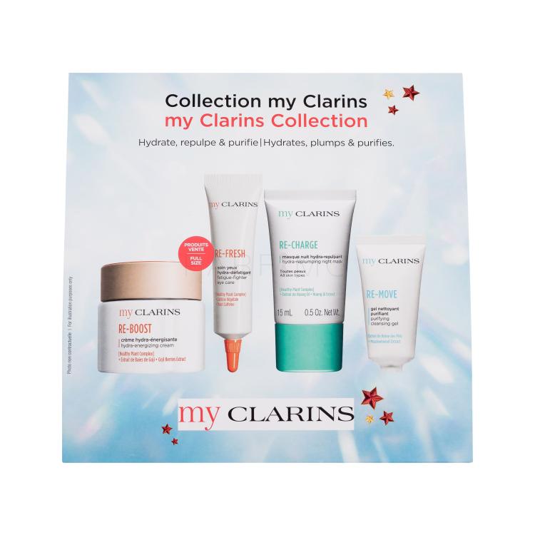 Clarins My Clarins Collection Darilni set Krema za obraz Re-Boost Hydra-Energizing Cream 50 ml + krema za oči Re-Fresh Fatigue-Fighter Eye Care 15 ml + nočna maska Re-Charge Hydra-Replumping Night Mask 15 ml + čistilni gel Re-Move Purifying Cleansing Gel 5 ml