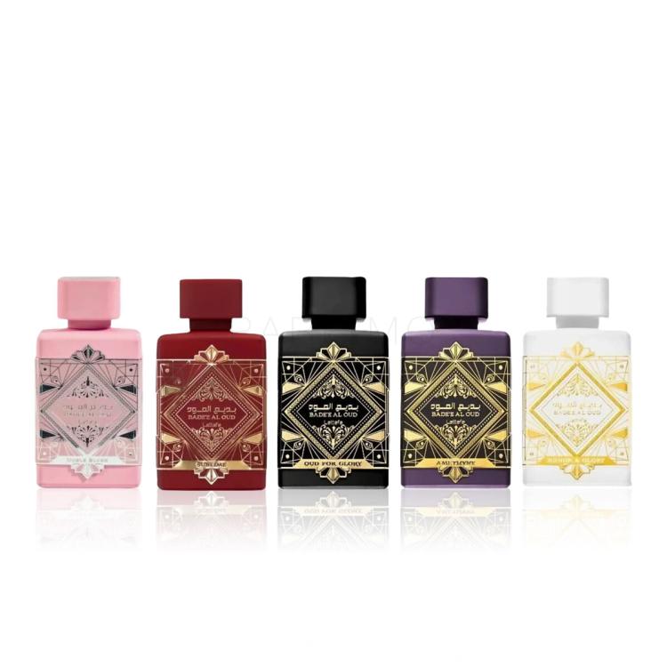 Lattafa Bade'e Al Oud Collection Darilni set EDP Bade'e Al Oud Oud For Glory 5 ml + EDP Bade'e Al Oud Amethyst 5 ml + EDP Bade'e Al Oud Honor &amp; Glory 5 ml + EDP Bade'e Al Oud Sublime 5 ml + EDP Bade'e Al Noble Blush 5 ml