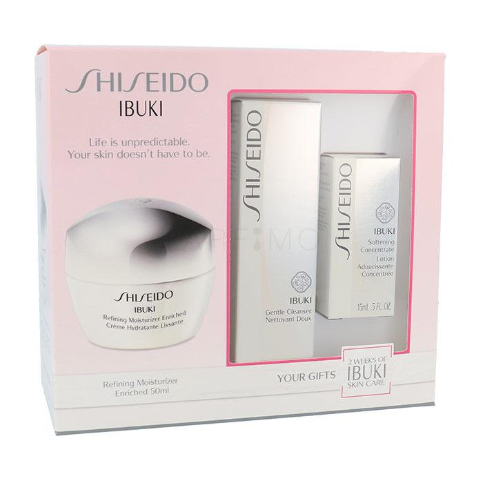 Shiseido Ibuki Darilni set krema za obraz Refining Moisturizer Enriched 50 ml + čistilna pena Gentle Cleanser 30 ml + pomirjujoča emulzija za obraz Softening Concentrate 15 ml