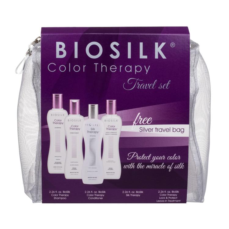Farouk Systems Biosilk Color Therapy Darilni set šampon 67 ml + balzam 67 ml + serum za lase Silk Therapy Silk 67 ml + serum za lase Lock &amp; Protect Treatment 67 ml + kozmetična torbica